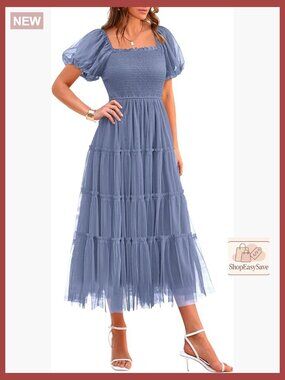 Smocked Midi Tulle Dress Puffy Sleeve Square Neck Ruffle Wedding Guest Party